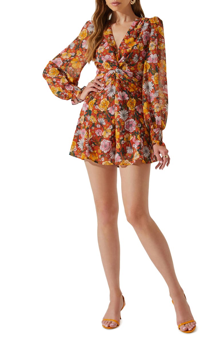 ASTR the Label Floral Open Back Long Sleeve Chiffon Romper, Main, color, 