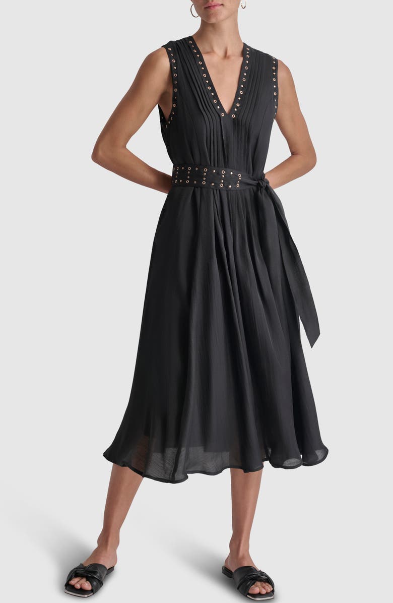 DKNY Grommet Tie Belt Sleeveless Organza Midi Dress, Main, color, 