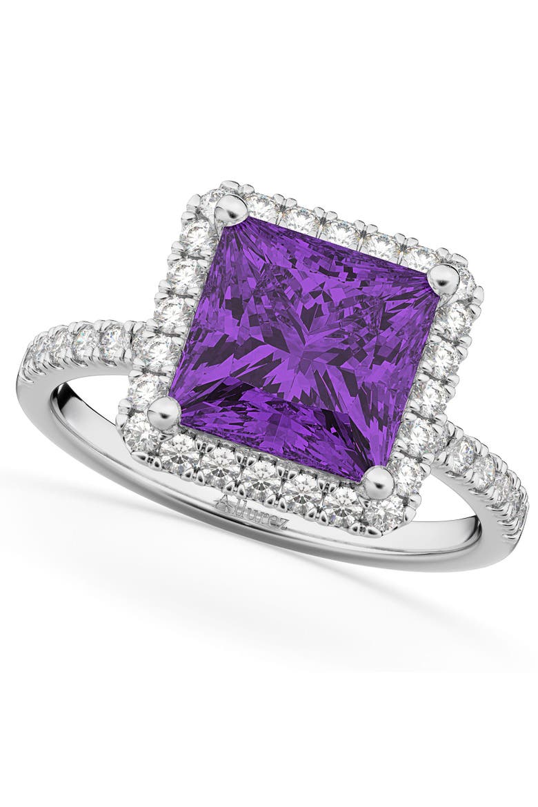 Princess Cut Halo Amethyst & Diamond Engagement Ring 14K, Main, color, 3.47ct/White Gold