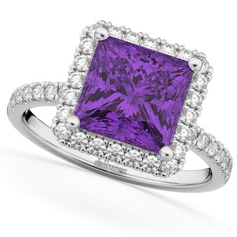 Princess Cut Halo Amethyst & Diamond Engagement Ring 14K