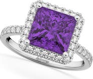 ALLUREZ Princess Cut Halo Amethyst & Diamond Engagement Ring 14K