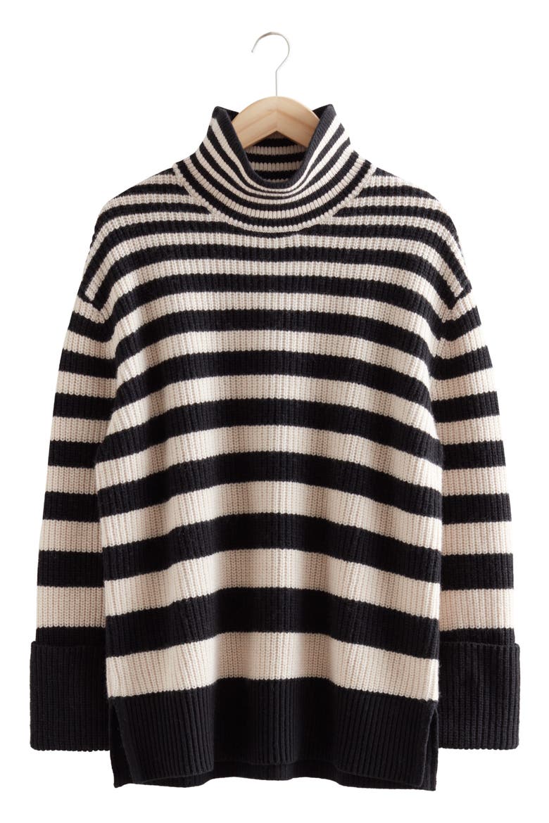 Stripe Turtleneck Wool & Cotton Sweater, Alternate, color, BLACK/ BEIGE STRIPE