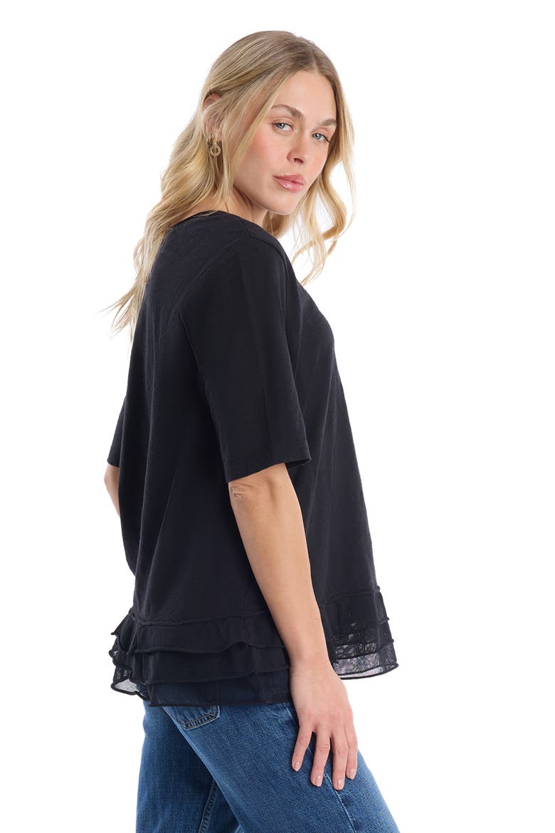 V-Neck Elbow Sleeve Mixed Media Tee, Alternate, color, Black