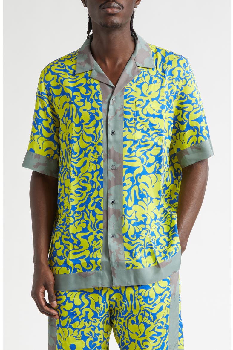 Carltone Mixed Print Satin Camp Shirt, Main, color, YELLOW
