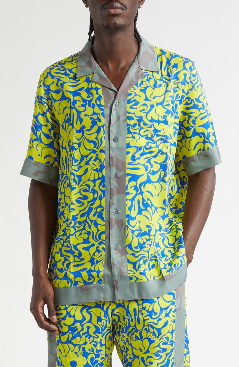 Dries Van Noten Carltone Mixed Print Satin Camp Shirt, Main, color, Yellow