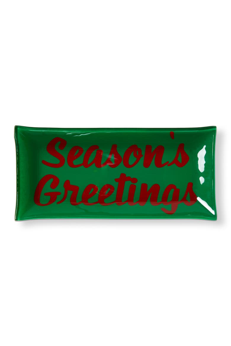 Christmas Seasons Greetings Glass Trinket Tray Green Multi 9x4.33x0.8 in, Main, color, Green
