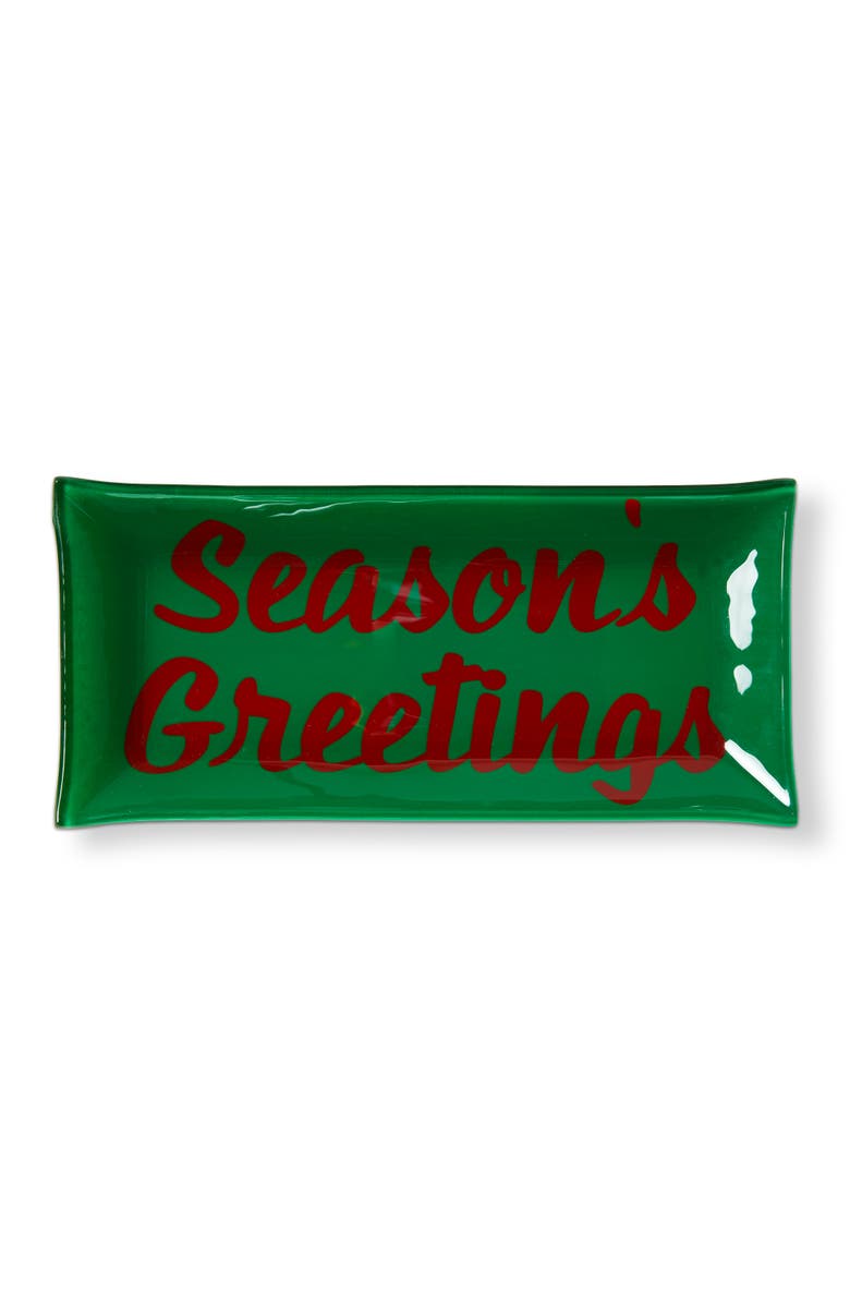 tag Christmas Seasons Greetings Glass Trinket Tray Green Multi 9x4.33x0.8 in, Main, color, Green