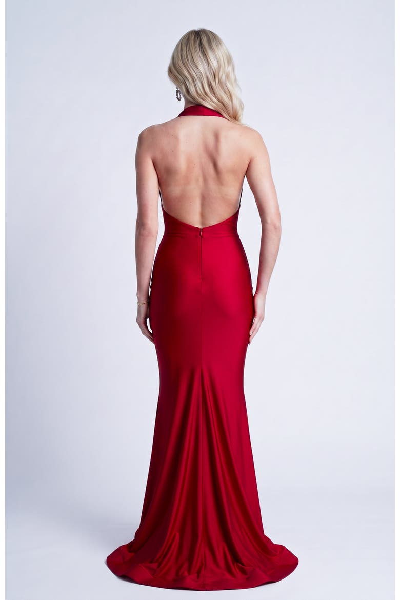 Plunge Gathered Halter Mermaid Gown, Alternate, color, Red