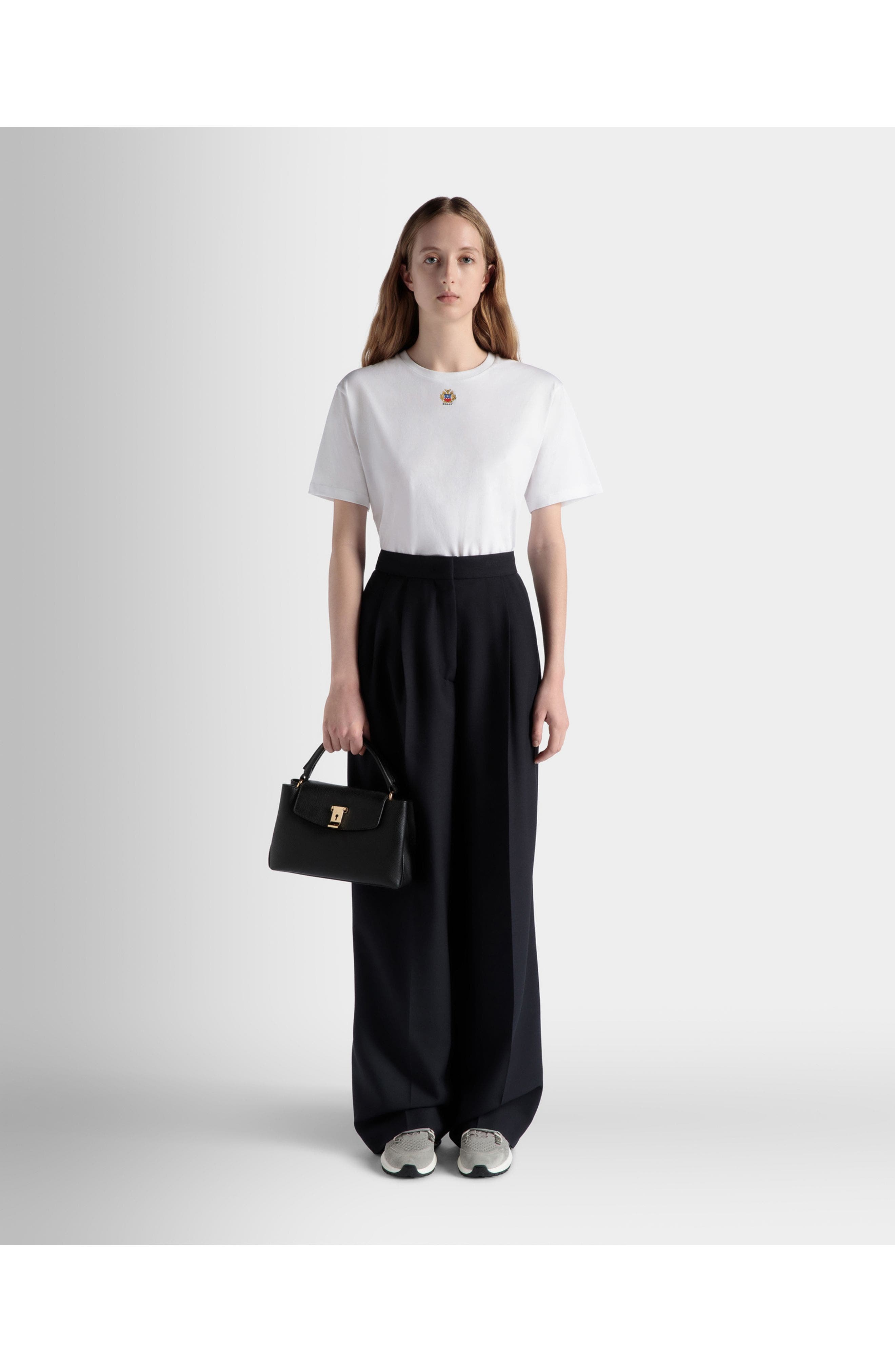 Bally Lock Me Small Top Handle Bag In Grained Leather, Alternate, color, Black