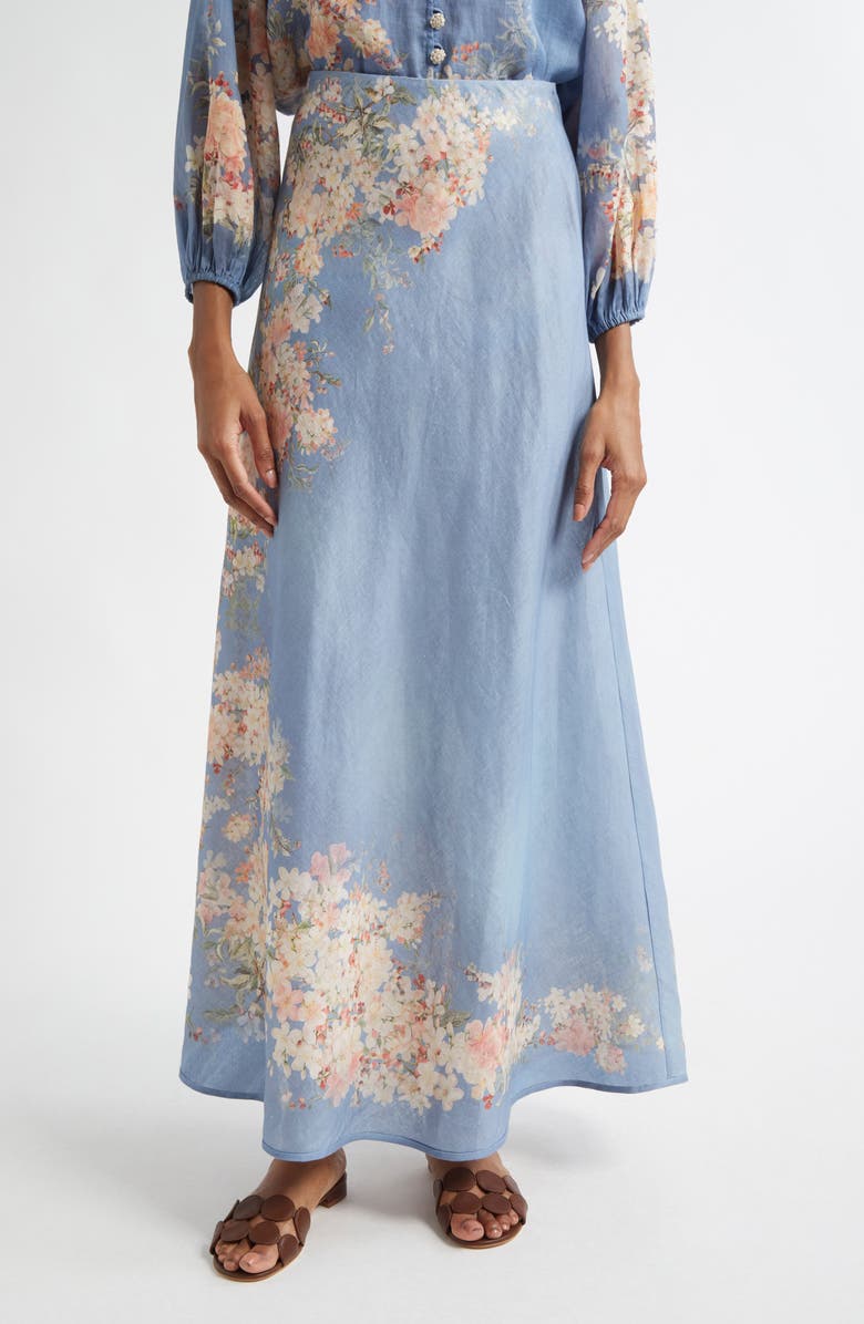 Zimmermann Cascadian Bias Cut Linen Maxi Skirt, Main, color, Blue Botanical Floral