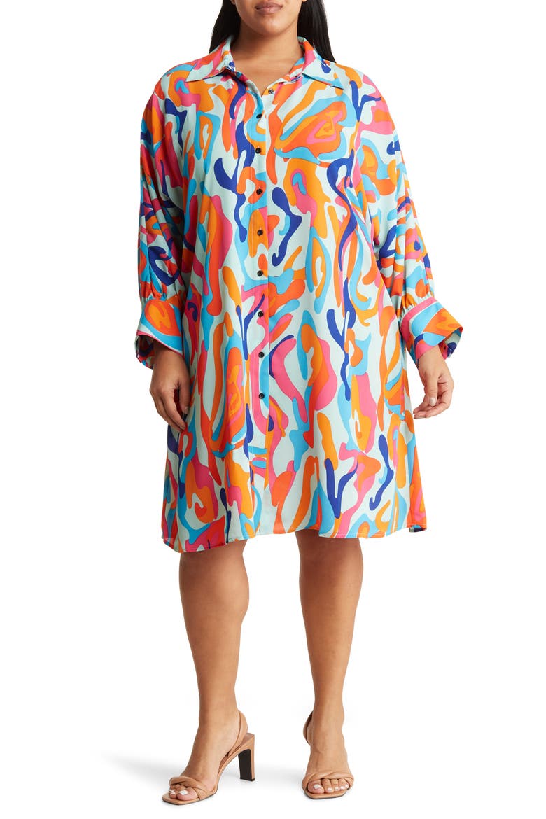Brooklyn III Long Sleeve Shirtdress, Main, color, TEAL/ LAVA LEOPARD