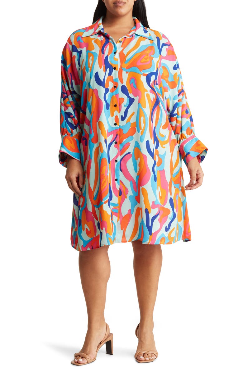 BY DESIGN Brooklyn III Long Sleeve Shirtdress, Main, color, Teal/ Lava Leopard
