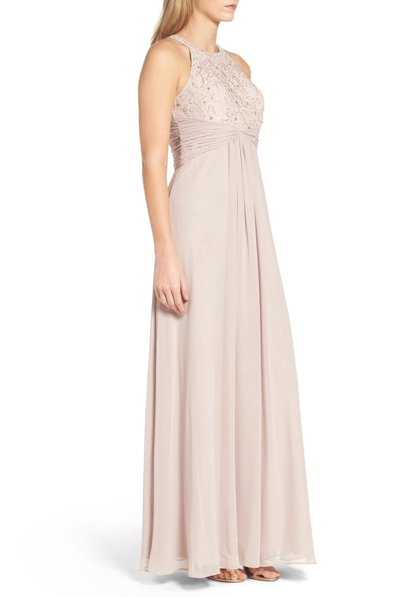 Beaded Lace & Chiffon Gown, Alternate, color, CHAMPAGNE