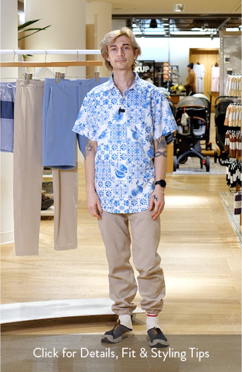 Tropical Print Short Sleeve Performance Button-Up Shirt, sales video thumbnail