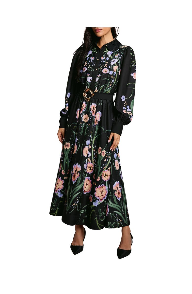 Coast Lace Trim Printed Shirt Dress, Main, color, Black