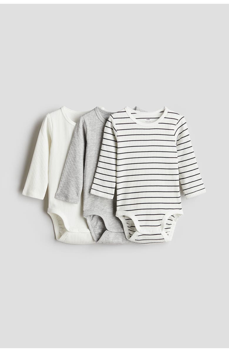 H&M 3-pack ribbed bodysuits, Main, color, Gray/Striped