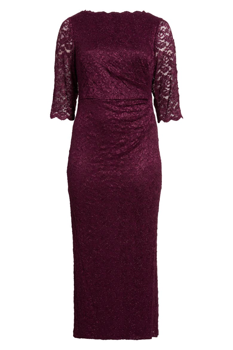 Lace Three-Quarter Sleeve Sheath Dress, Alternate, color, WINE