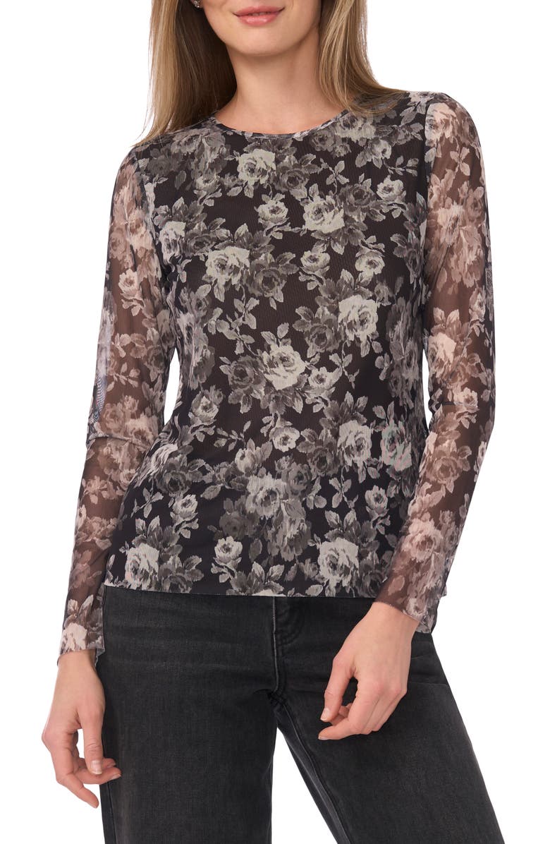 Ted Baker Floral Long Sleeve Mesh Top, Main, color, Rich Black