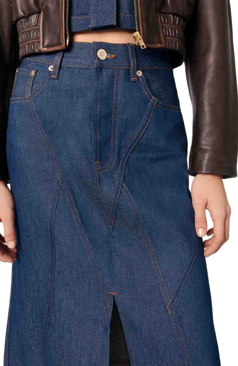 maje Long denim skirt, Alternate, color, 