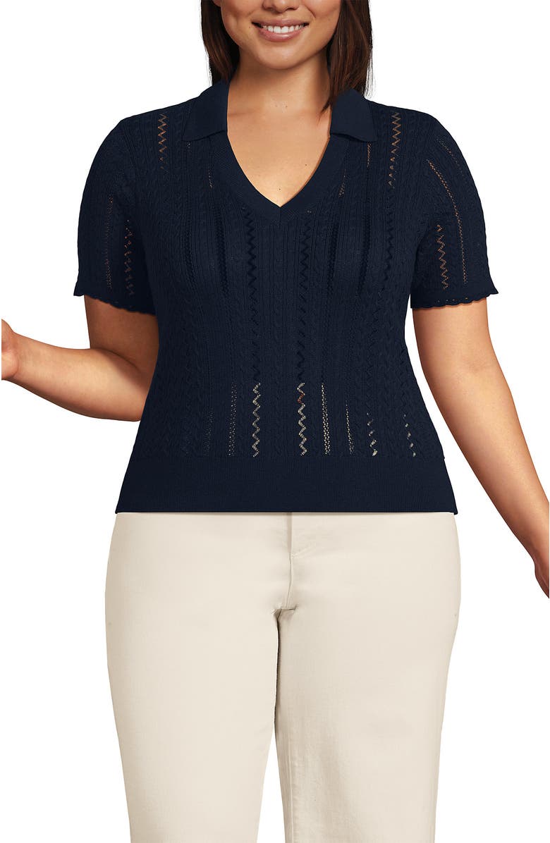 Lands' End Fine Gauge Cotton Pointelle Polo Sweater, Main, color, Radiant Navy