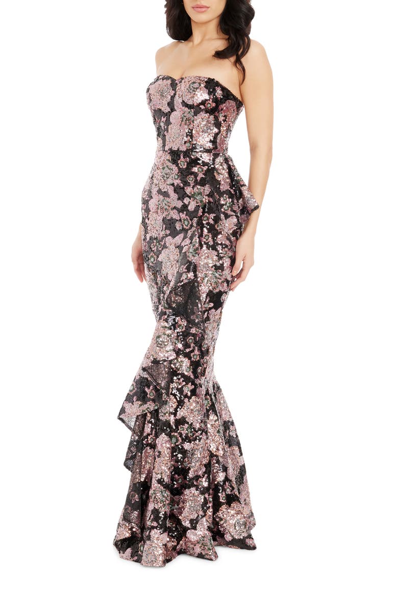 Paris Sequin Ruffle Strapless Gown, Alternate, color, DUSTY ROSE MULTI