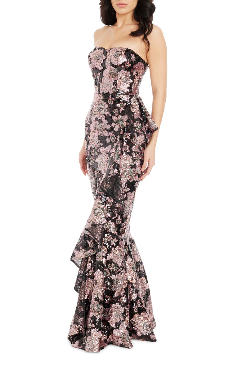 Dress the Population Paris Sequin Ruffle Strapless Gown, Alternate, color, Dusty Rose Multi