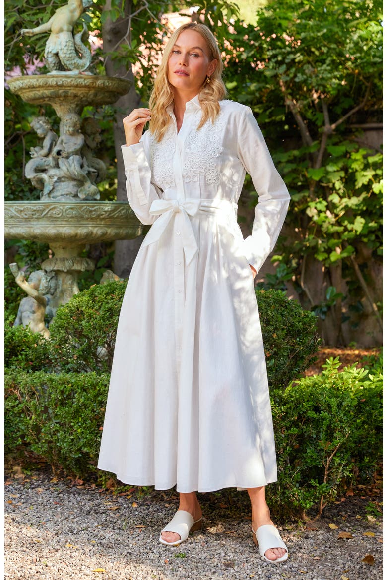 Floral Appliqué Long Sleeve Cotton & Linen Shirtdress, Alternate, color, OFF WHITE