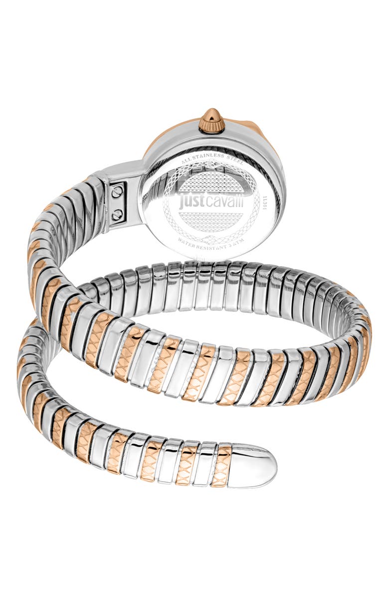 Just Cavalli Cerchio Snake Wraparound Bracelet Watch, 22mm, Alternate, color, Two Tone Silver/ Rose Gold