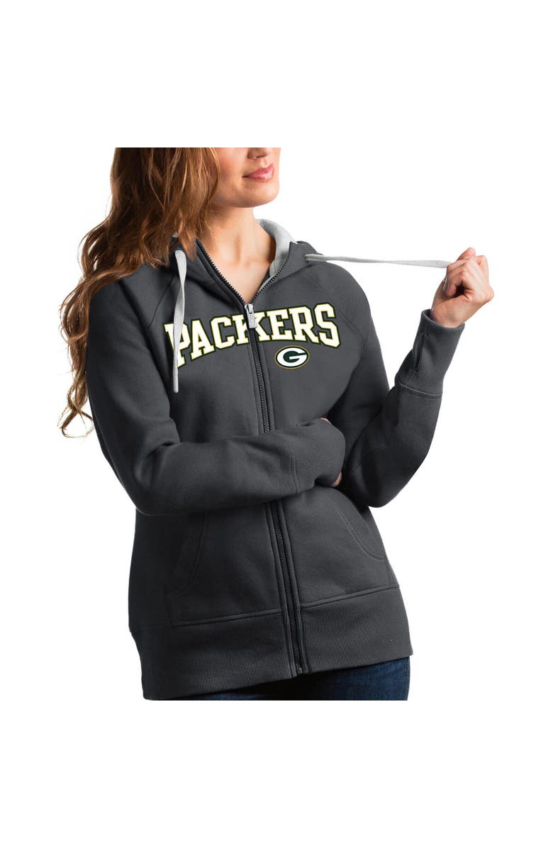 ANTIGUA Women's Antigua Charcoal Green Bay Packers Wordmark Victory Full-Zip Hoodie, Main, color, Charcoal