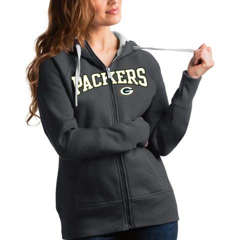 Women's Antigua Charcoal Green Bay Packers Wordmark Victory Full-Zip Hoodie