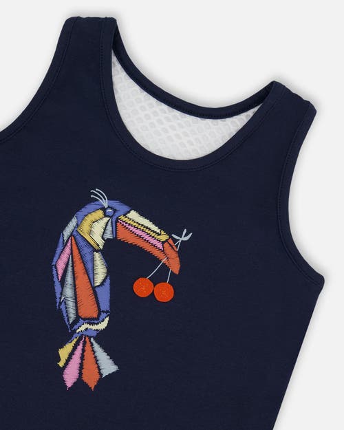 Deux Par Deux Little Girl's Organic Cotton Tank Top Navy Blue And Toucan In Navy Blue And Toucan