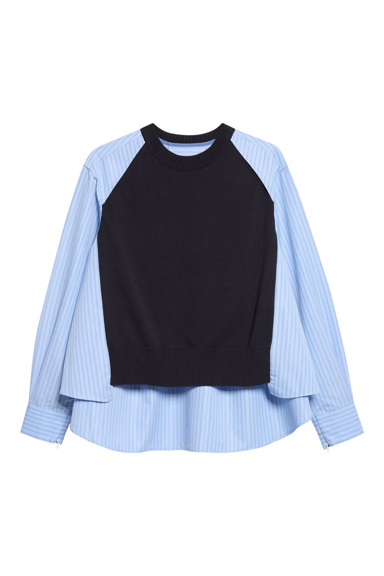 Poplin Mixed Media Knit Sweater, Main, color, NAVY/ LIGHT BLUE STRIPE