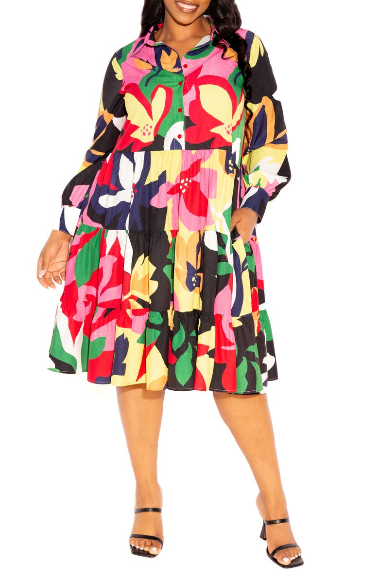 BUXOM COUTURE Floral Long Sleeve Shirtdress, Main, color, Black Multi
