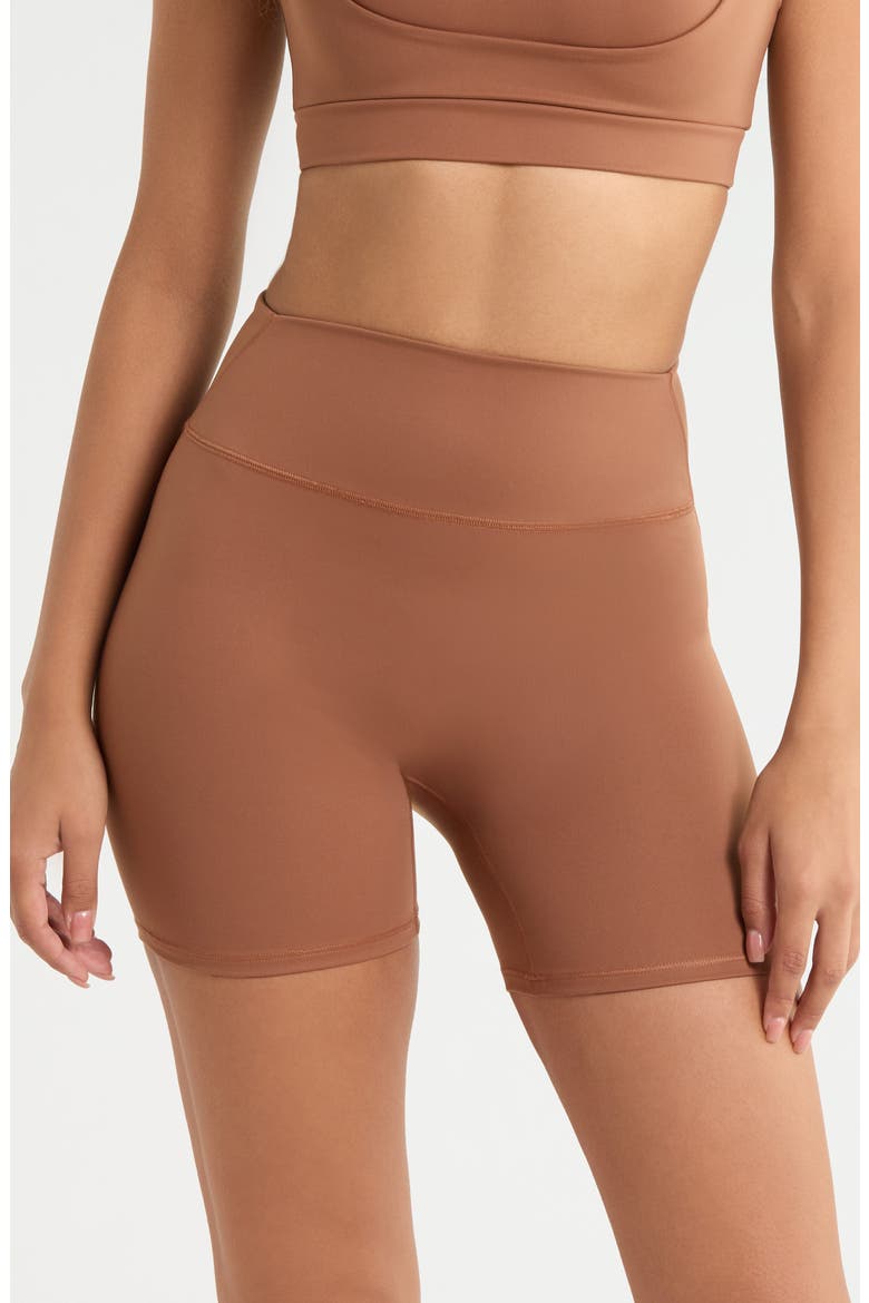 Shine Bonded Waist Bike Shorts, Main, color, CAROB
