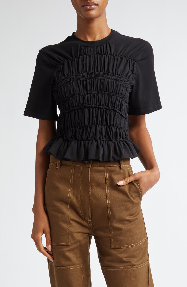 Cecilie Bahnsen Oasis Smocked Cutout Stretch Cotton Peplum Top, Main, color, 