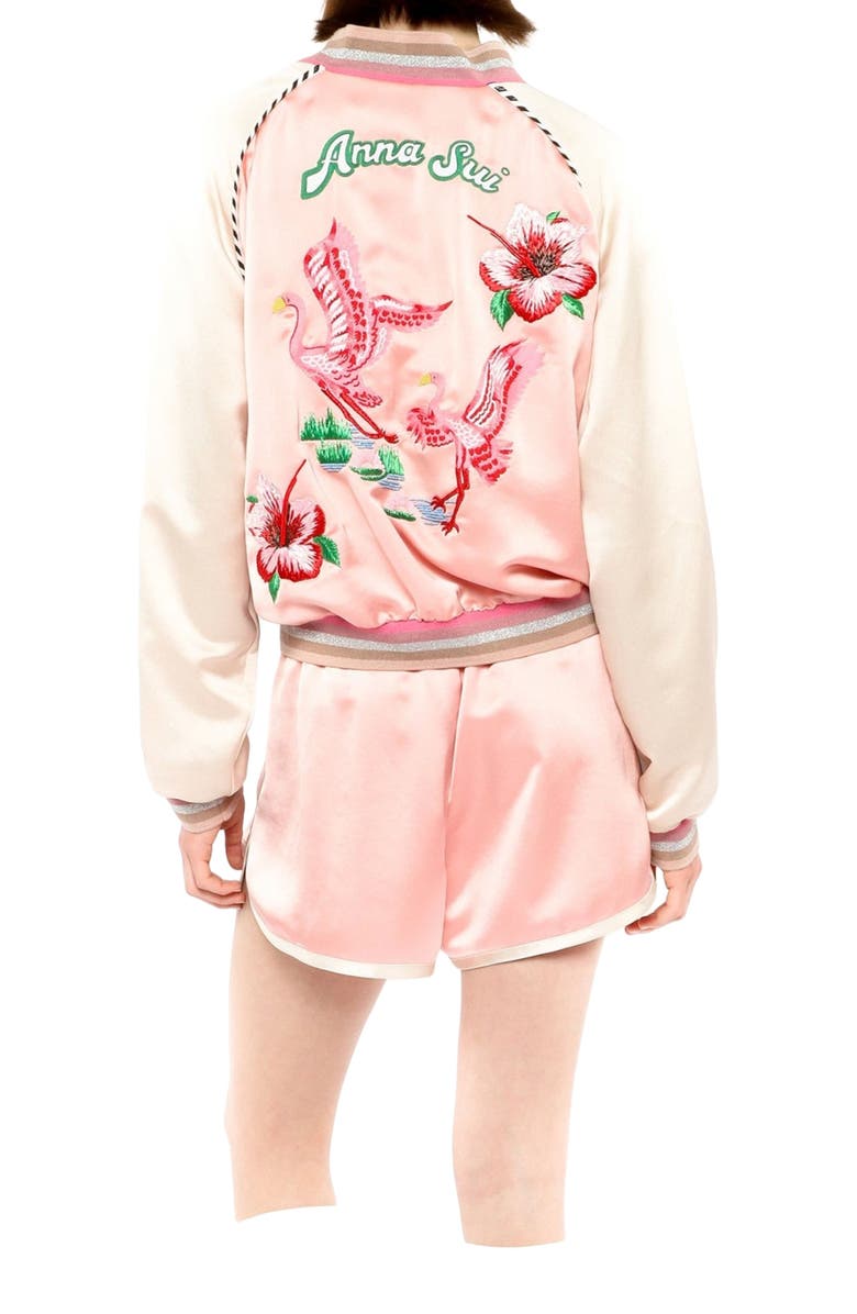 Anna Sui Satin Embroidered Souvenir Jacket, Alternate, color, Pastel Pink