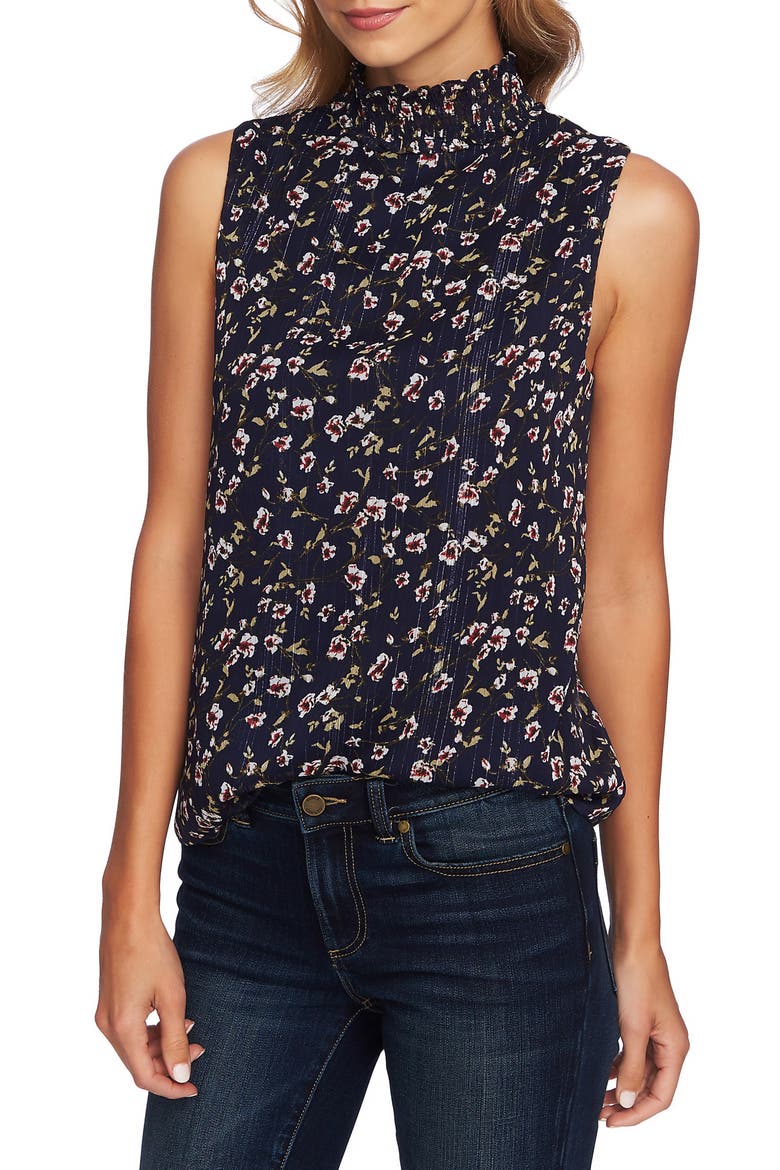 Festive Ditsy Smock Neck Sleeveless Blouse, Main, color, MIDNIGHT BLOOM