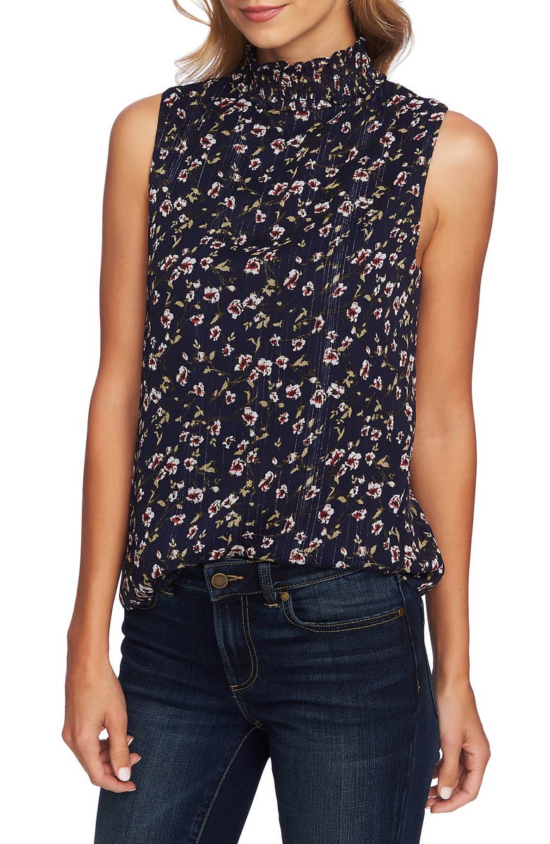 CeCe Festive Ditsy Smock Neck Sleeveless Blouse, Main, color, 