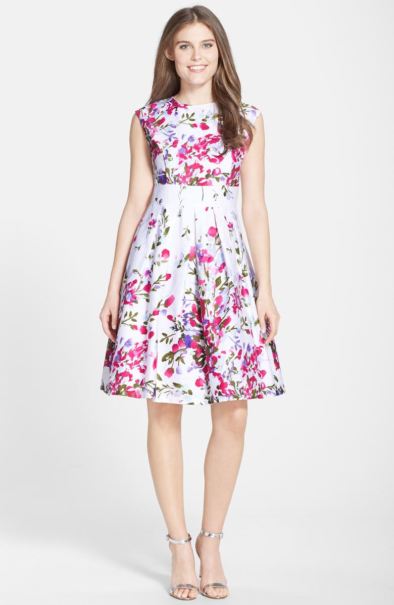 Chetta B Floral Print Pleated Cotton Fit & Flare Dress, Alternate, color, 