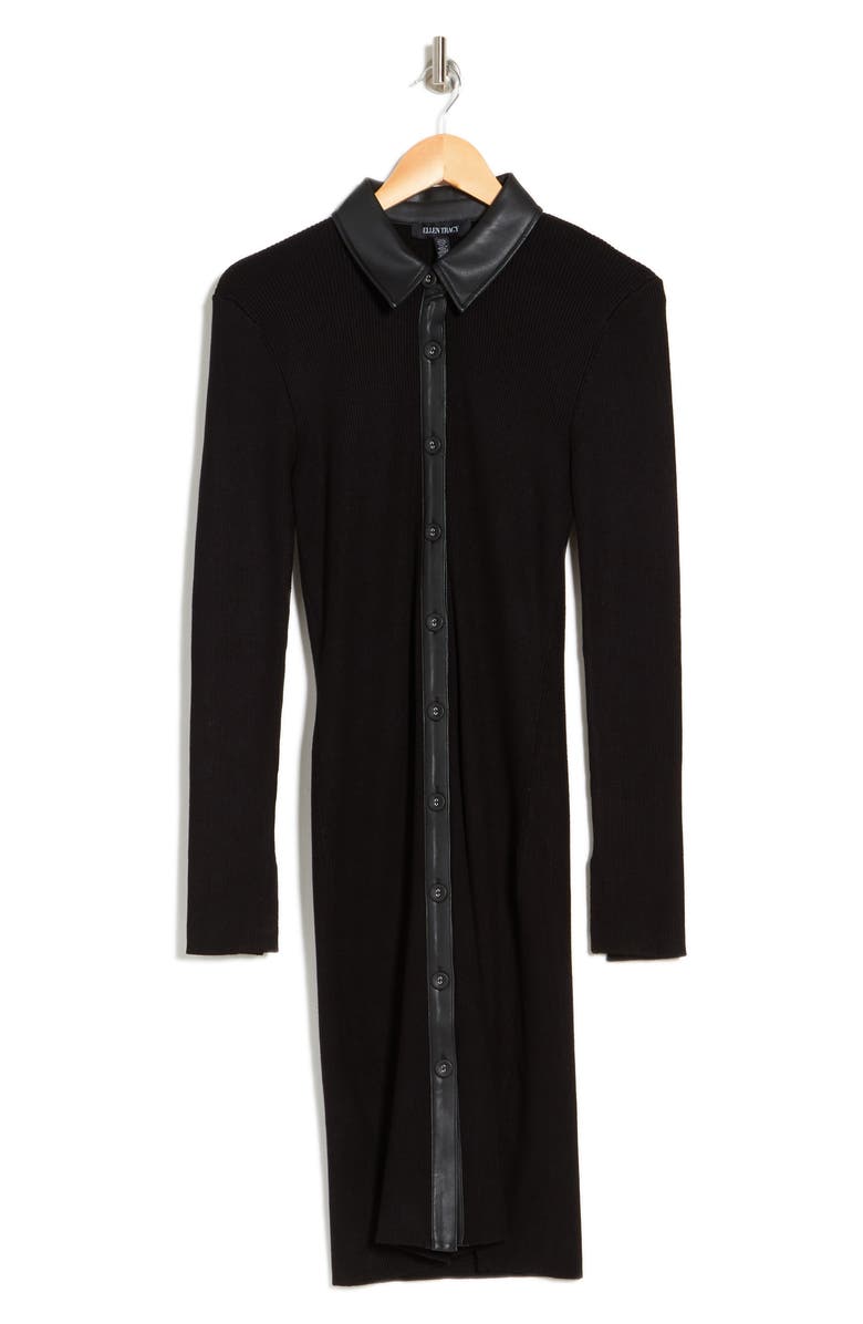 Ellen Tracy Faux Leather Trim Ribbed Shirtdress, Alternate, color, 