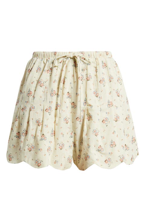 Scallop Hem Drawstring Cotton Shorts