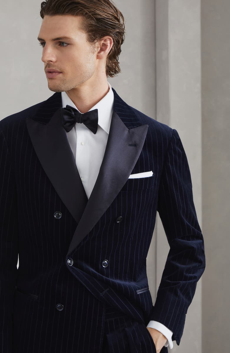 Brunello Cucinelli Comfort cotton pinstripe corduroy tuxedo with one-and-a-half breasted jacket and trousers with double pleats, Alternate, color, 