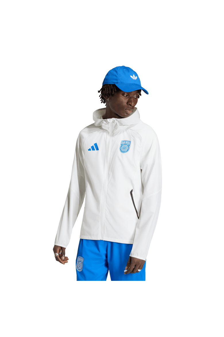 Men's adidas  White San Diego FC Tiro Travel Full-Zip Hooded Windbreaker, Main, color, White