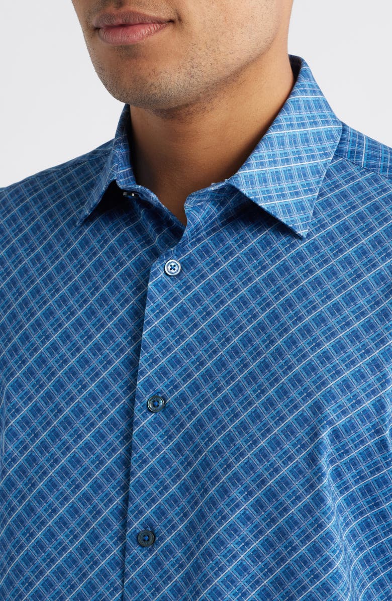 Bugatchi Miles OoohCotton<sup>®</sup> Tartan Print Short Sleeve Button-Up Shirt, Alternate, color, Night Blue