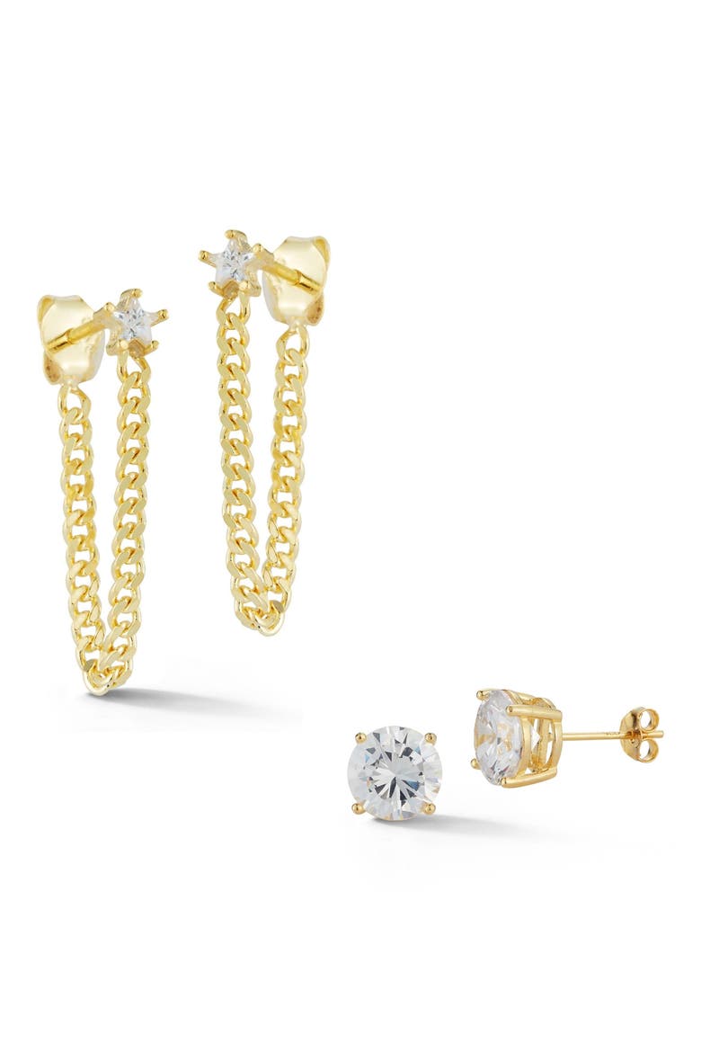 Set of 2 Cubic Zirconia Stud & Front/Back Earrings, Main, color, GOLD