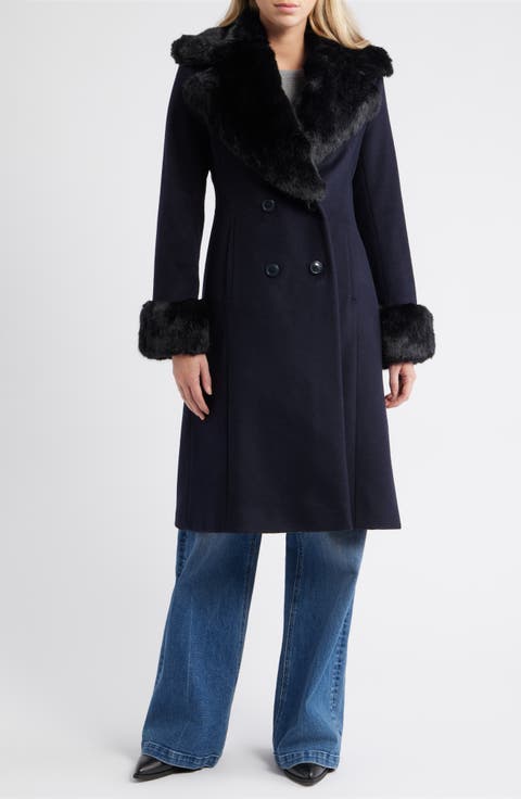 Double Breasted Wool Blend Coat with Faux Fur Trim