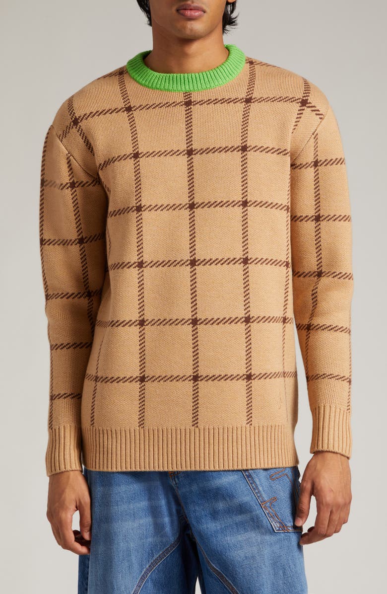 JW Anderson Check Jacquard Wool Crewneck Sweater, Main, color, 