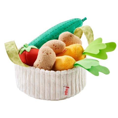 Biofino Vegetable Basket - Soft Plush Pretend Play Food with Carrier, Cucumber, Tomato, 2 Carrots and 3 Potatoes