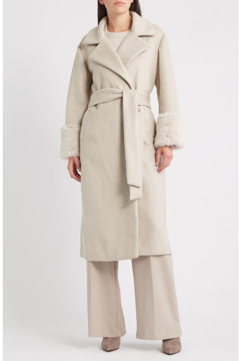 Belted Faux Fur Cuff Coat, Main, color, SOFT BIRCH MELANGE