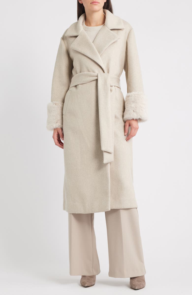 Anne Klein Belted Faux Fur Cuff Coat, Main, color, Soft Birch Melange